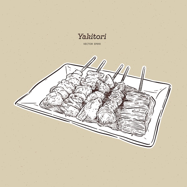 Yakitori skewers hand drawn, japanese food