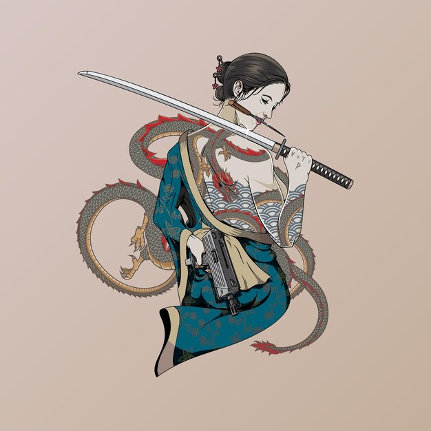 Yakuza Girl with a dragon tattoo pin up illustration