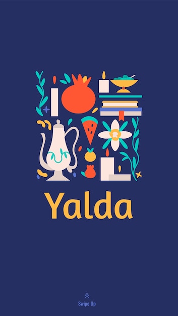 Yalda social media story template with symbols of the holiday - watermelon, pomegranate, nuts, candles and poetry books. Iranian night of forty festival of winter solstice celebration.