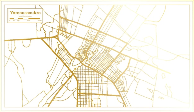 Yamoussoukro Ivory Coast City Map in Retro Style in Golden Color Outline Map Vector Illustration