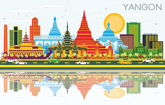 Vettore orizzonte della città di yangon myanmar con edifici di colore, cielo blu e riflessi. illustrazione di vettore. viaggi d'affari e concetto di turismo con architettura storica. paesaggio urbano di yangon con punti di riferimento.