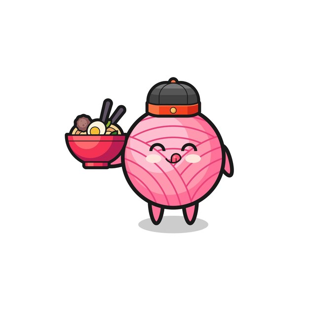 Yarn ball as chinese chef mascot holding a noodle bowl