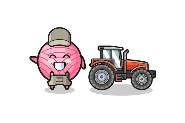 The yarn ball farmer mascot standing beside a tractor , cute design