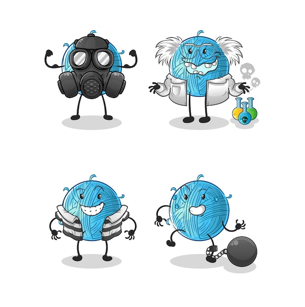 Personaggio del gruppo del cattivo della palla di filato. vettore mascotte dei cartoni animati