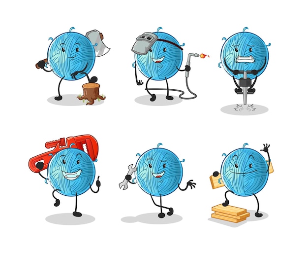 Yarn ball worker set character. cartoon mascot vector