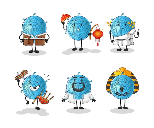 Yarn ball world culture group. cartoon mascot vector