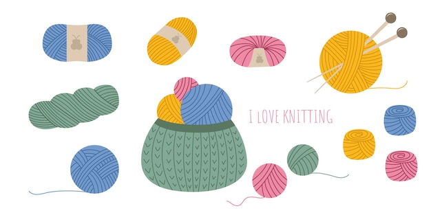 Yarn basket Balls of yarn with knitting needles Lettering I love knitting Vector illustration
