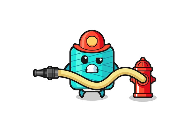 Yarn spool cartoon as firefighter mascot with water hose