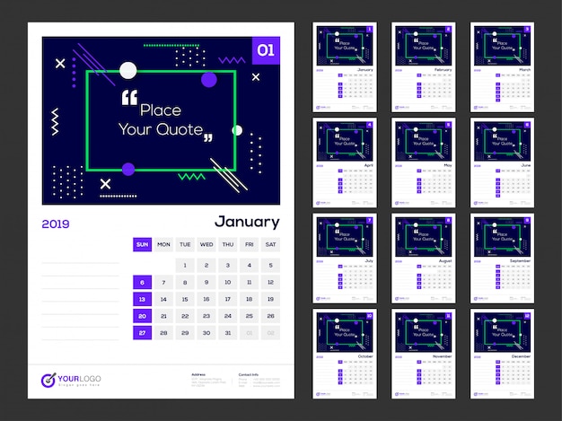 벡터 2019 년, 달력 디자인.