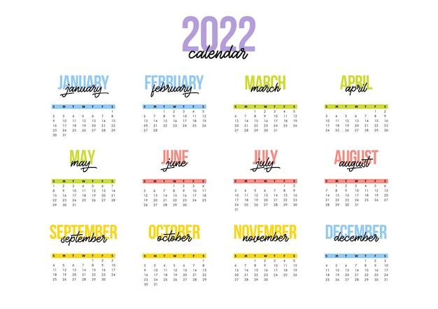 Modello di disegno vettoriale orizzontale del calendario dell'anno 2022, design semplice e pulito. calendario per il 2022 su sfondo bianco per organizzazione e affari. la settimana inizia l'estate