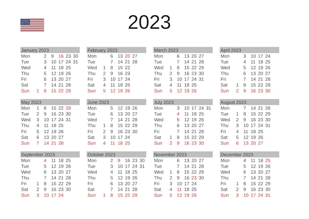 Vector year 2023 calendar in english with united states holidays