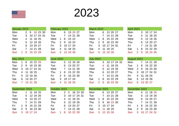 Year 2023 calendar in english with united states holidays