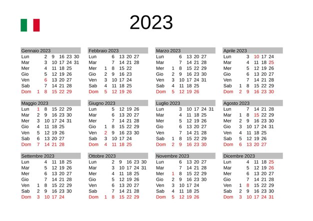 Vettore calendario anno 2023 in italiano con festività italia