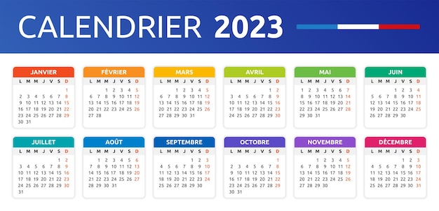 Year 2023 colorful French calendar vector template. Modern planner and organizer illustration.