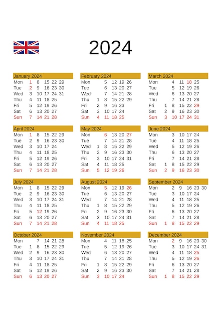 Year 2024 calendar in English with United Kingdom holidays