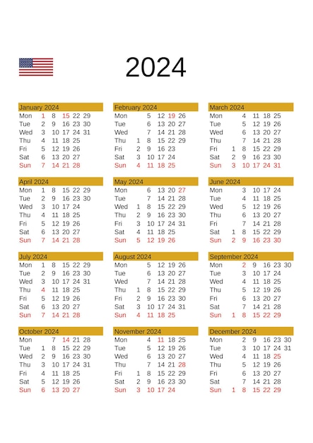 Vettore calendario dell'anno 2024 in inglese con le festività degli stati uniti