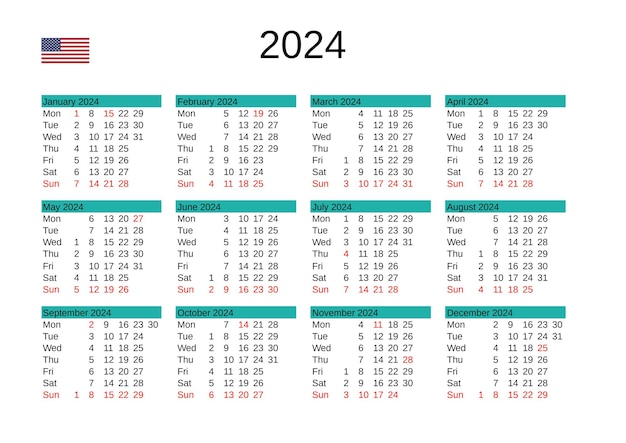 Vector year 2024 calendar in english with united states holidays