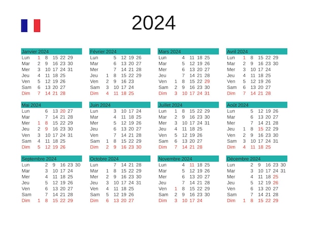 프랑스 공휴일과 함께 프랑스어로 된 2024년 달력