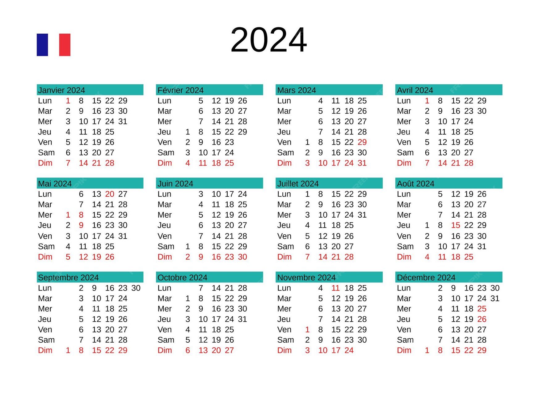 Premium Vector Year 2024 calendar in french with france holidays
