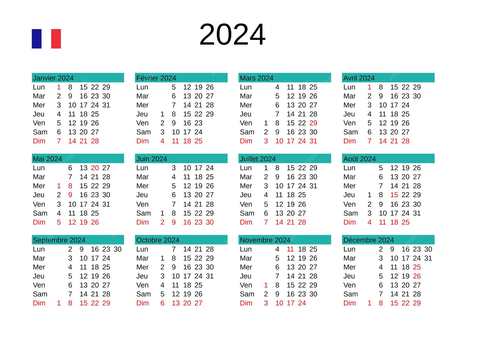 フランスの祝日を含むフランス語の 2024 年のカレンダー プレミアムベクター