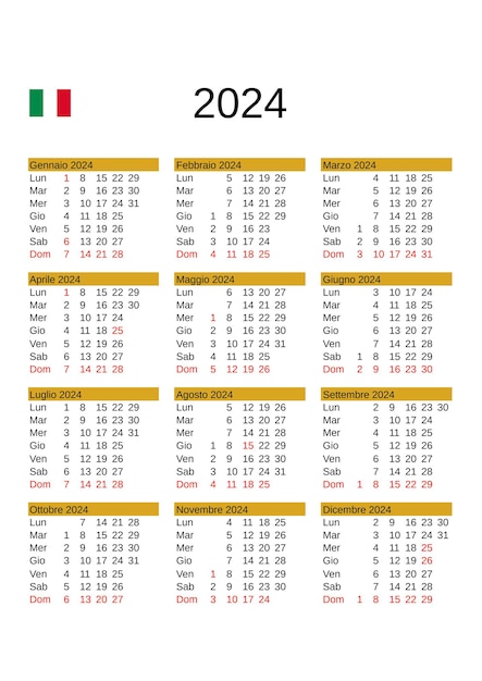 Vector year 2024 calendar in italian with italy holidays