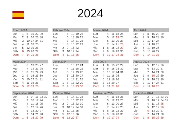 Vettore calendario dell'anno 2024 in spagnolo con vacanze in spagna