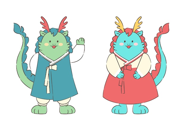 Year of the Blue Dragon Character Illustration in Traditional Korean Hanbok Attire