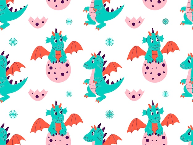 Year of Dragon Chinese Happy New Year 2024 China lunar calendar animal Cute carton dragons seamless pattern Flat vector illustration