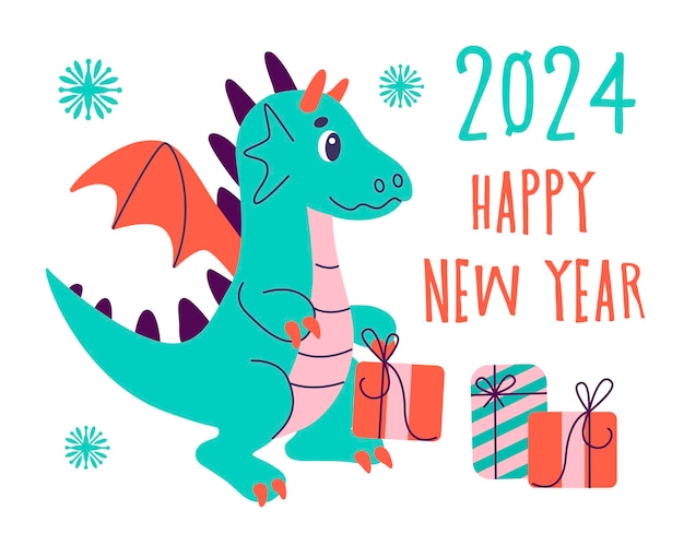 Anno del drago cinese felice anno nuovo 2024 cina calendario lunare animale felice anno nuovo cinese biglietto di auguri 2024 illustrazione vettoriale piatta