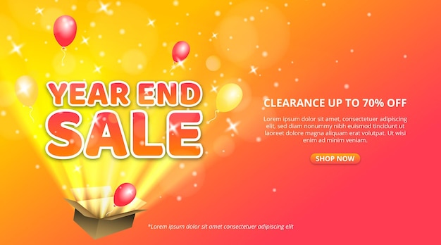 Year end sale banner with an open box of a surprise sale