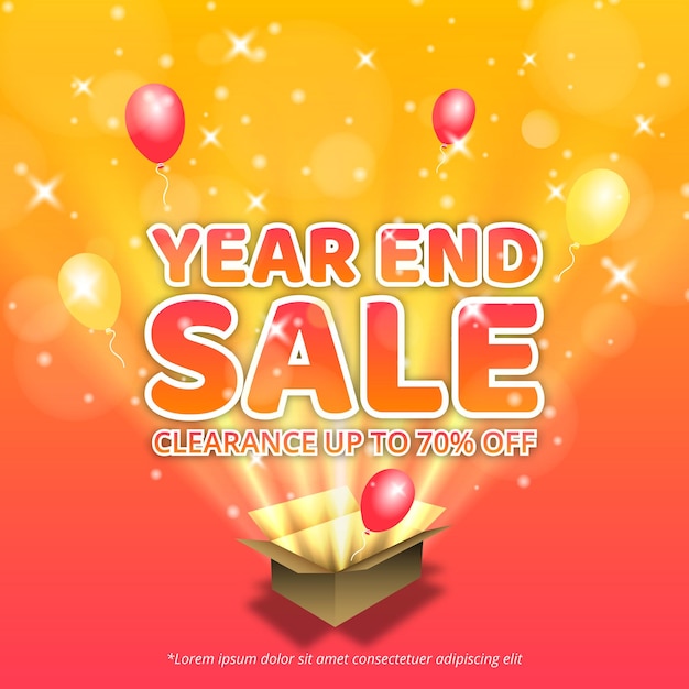 Year end sale banner with a surprise open box of stuff