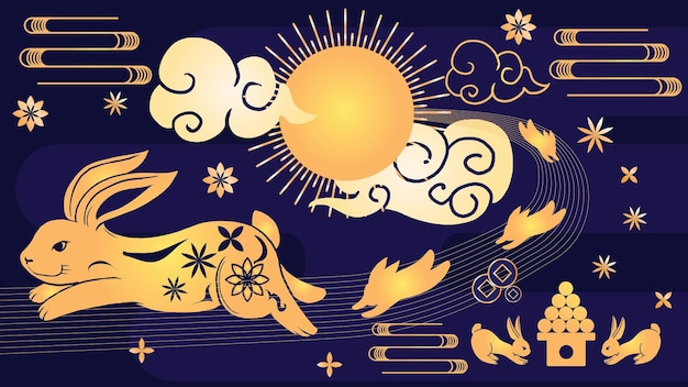 Year of the golden rabbit 2023 chinese new year chinese zodiac concept golden rabbit running from the moon paper cut pattern