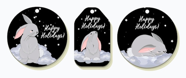 Year of the rabbit 2023. Gift tags with rabbits. Gift wrapping.