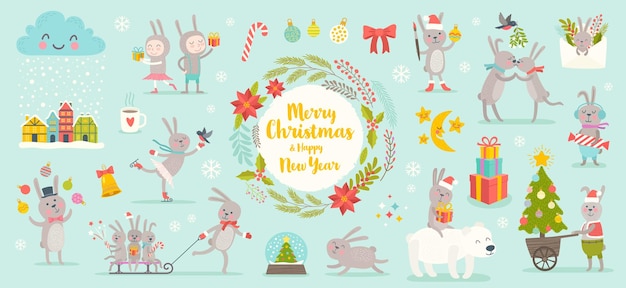 Year of the rabbit set with cute rabbit cartoon characters and design elements for greeting card