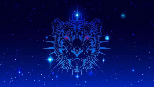 Year of water tiger 2022 head animal symbol ornament in night starry sky. Vector illustration