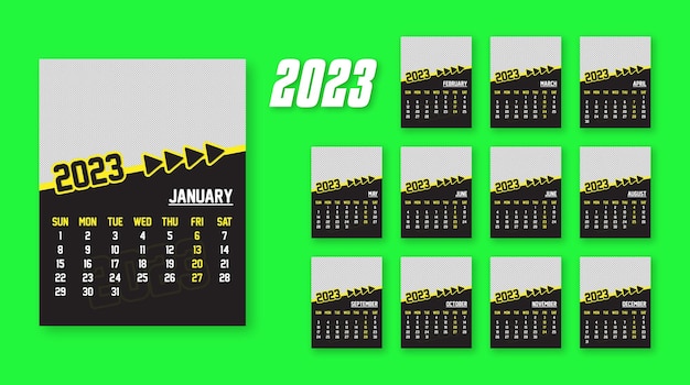 年間カレンダー 2023年印刷準備 Eps ベクトル テンプレート、12 ヶ月のカレンダー。