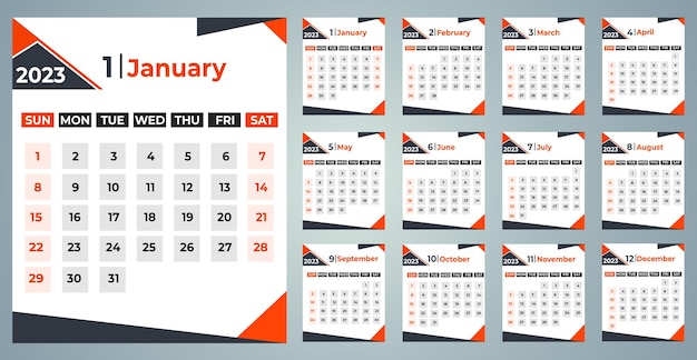 Yearly calendar 2023 Set, week starts from Sunday