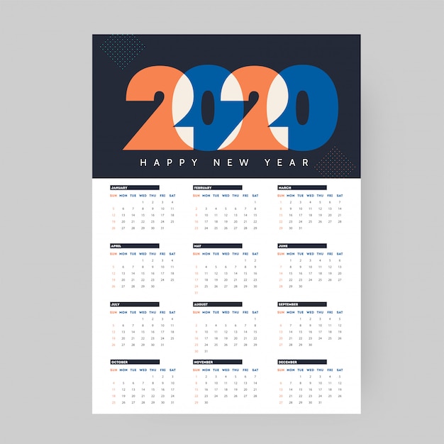 Vector yearly calendar or organizer  for 2020.