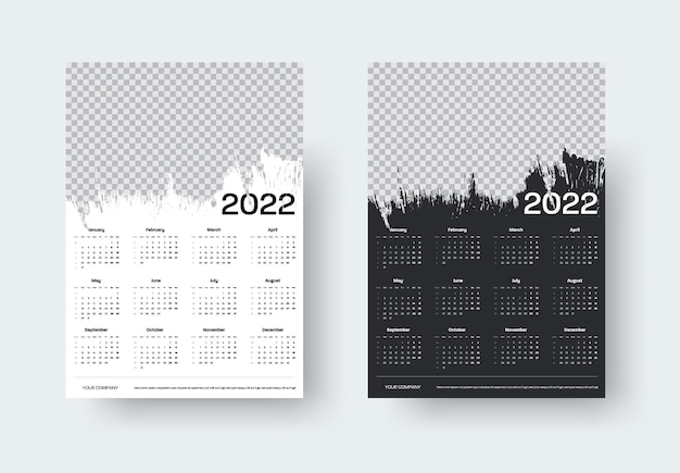 Yearly calendar template for 2022 with week numbering, place for photo, planner with brush strokes, on white, black background. Vector illustration with design. Business page style with 12 months.