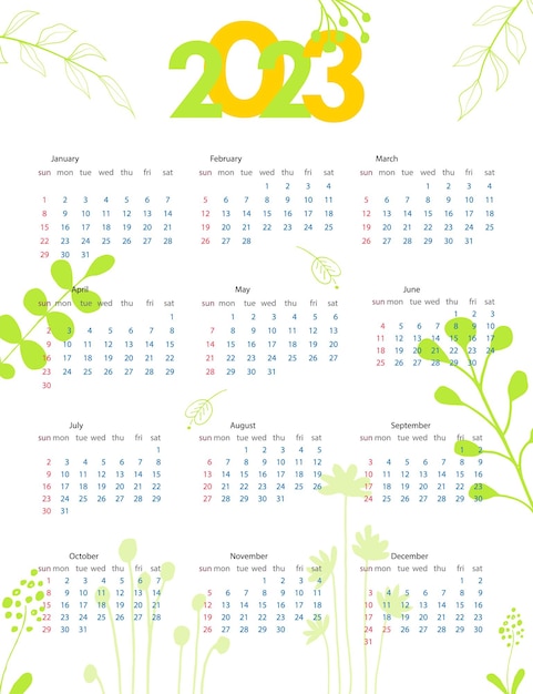 Шаблон годового календаря 2023 неделя начинается в воскресенье дизайн календаря в минималистском стиле растительные каракули вектор