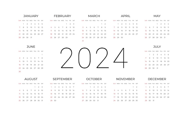 Yearly one page calendar for 2024 Weeks start from Sunday orporate Vector planner template