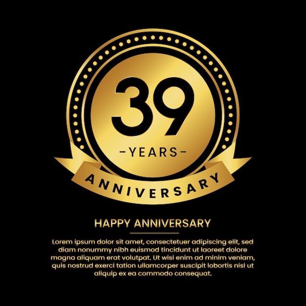 고급스러운 금색 원과 검정색 배경에 하프톤이 있는 39년 기념일 배너 및 교체 가능한 텍스트 음성