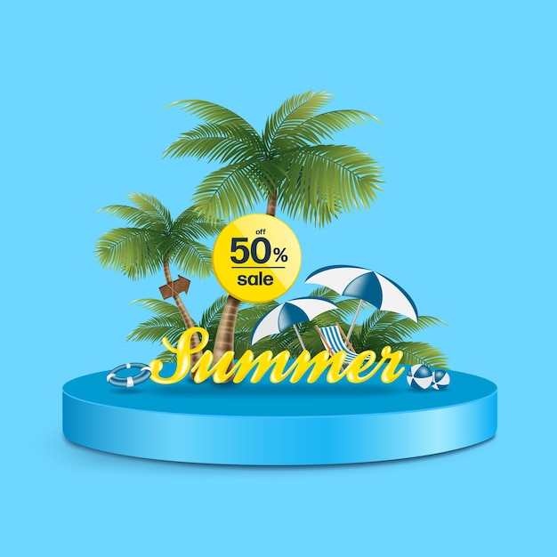 노란색 50 끄기 기호는 코코넛 나무와 함께 매달려 있고 전면에는 Summer 3D라고 쓰여 있으며 할인 프로모션 및 여름 세일 컨셉 디자인을 위해 파란색 원형 연단 벡터에 모두 배치되어 있습니다.