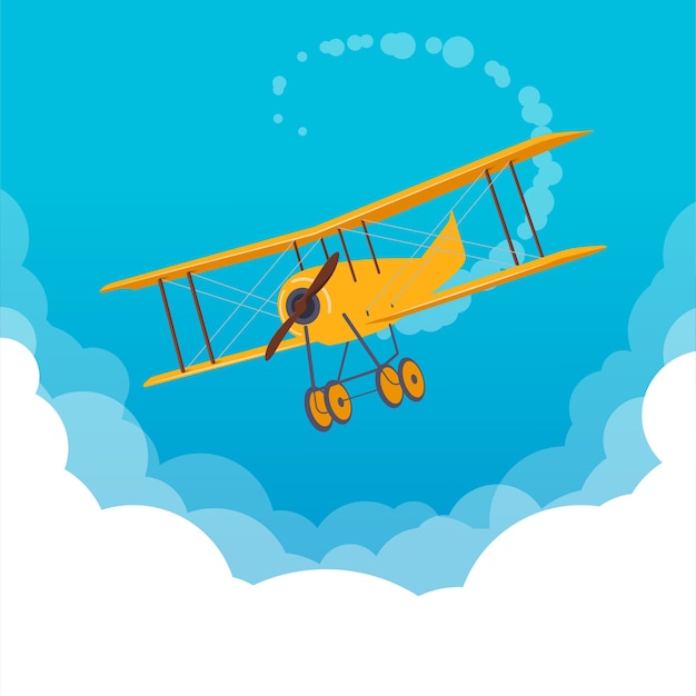 Vector yellow airplane flying in a blue sky