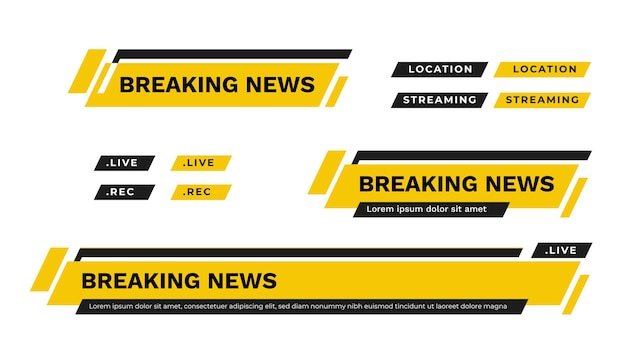 黄色と黒のローワーサードtvニュースバーセットベクターニュースアラートビデオストリーミング最新のスポーツニュース