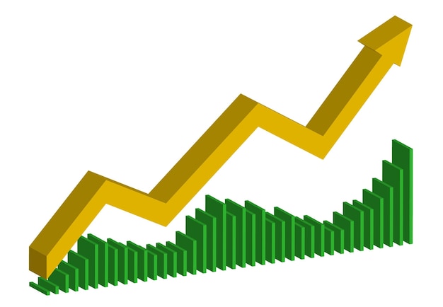 Yellow arrow and green chart bar diagram, up and down progress.