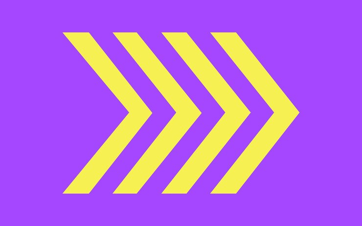 Vector yellow arrow isolated on purple background for direction queue progress symbol