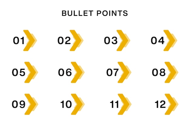 Yellow arrow with the number 1 to 12 bullet points Vector Design