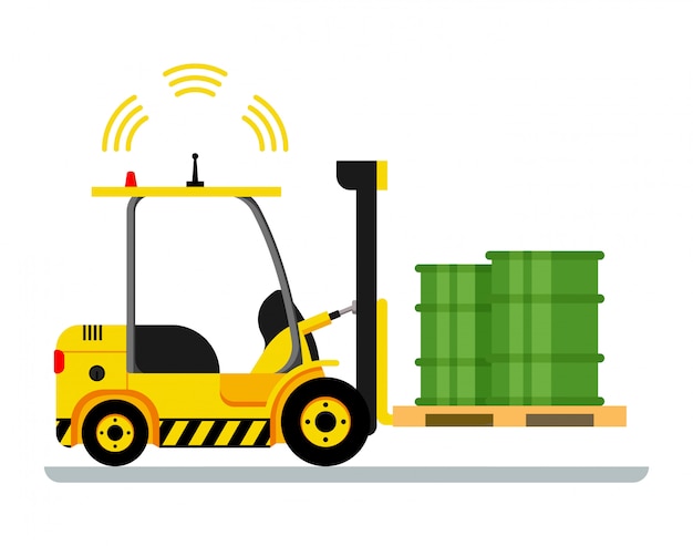 Yellow automatic forklift car driving green barrel