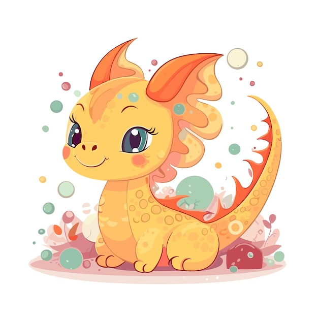 Vector yellow baby dragon in kawaii style vector illustration